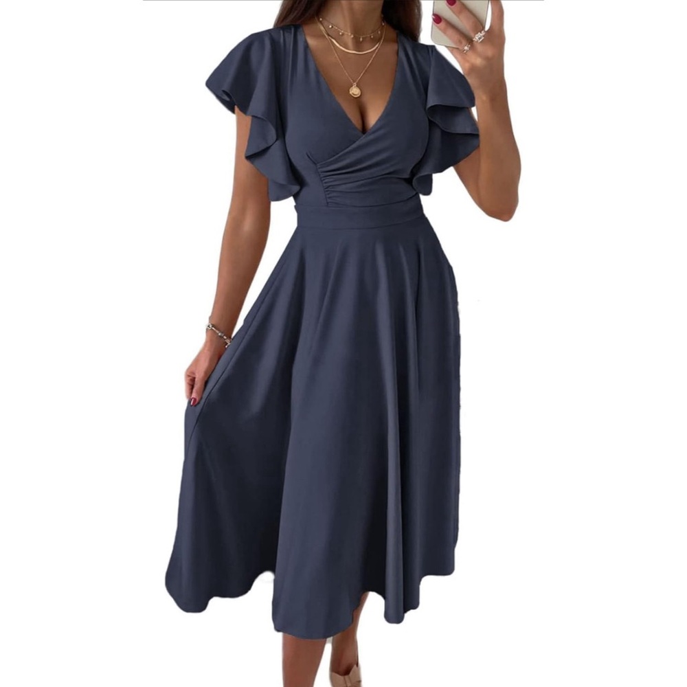 🍓$5 Pick!🍓 Elegant Flutter Sleeve V-Neck Midi Dress - Picture 3 of 9